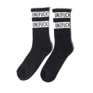 UNIF Black Crew Sock with White Logo Stripes